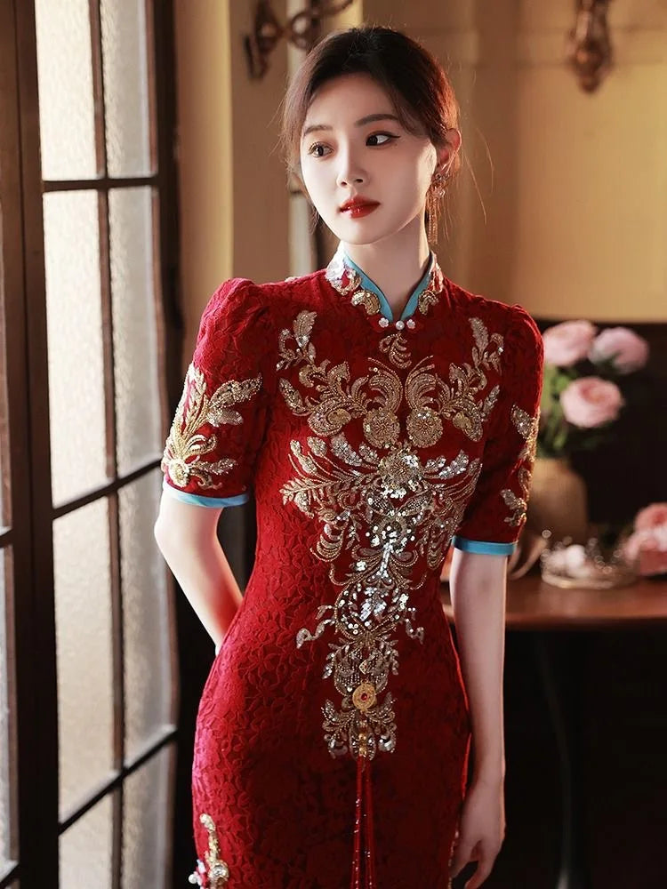 Toast Bride Wedding Dress Luxury Sequin Qipao Long Chinese Women Traditional Vintage Cheongsam Dresses Evening Gown China - Seprincess