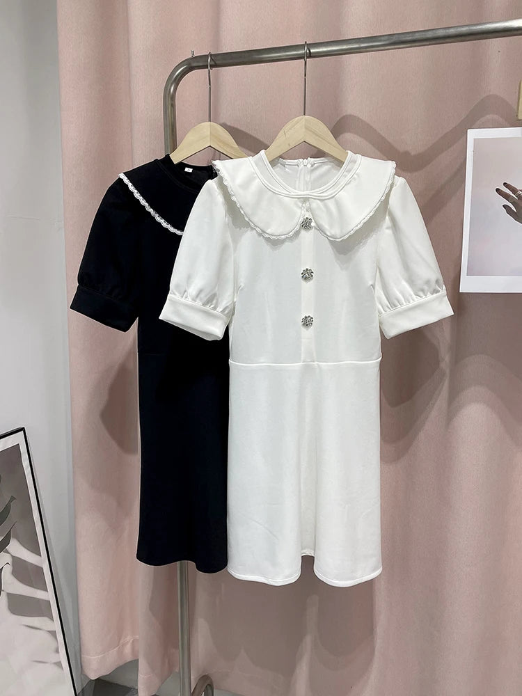 Elegant Doll Collar Women's Dress 2024 Spring Summer Fashion Slim Short Sleeve Button Female Dresses Lady High Street Vestidos - Seprincess