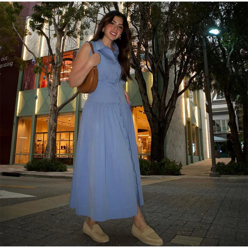 Summer Elegant Pleated Bow V Neck Blue Long Dresses For Women 2024 New Off Shoulder Sleeveless Maxi Dress Ladies Vacation Robe - Seprincess