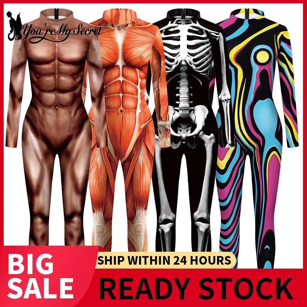 [You're My Secret] Women's Catsuit Fashion Funny Halloween Cosplay Costumes 3D Skeleton Muscle Print Zentai Bodysuit Jumpsuits - Seprincess