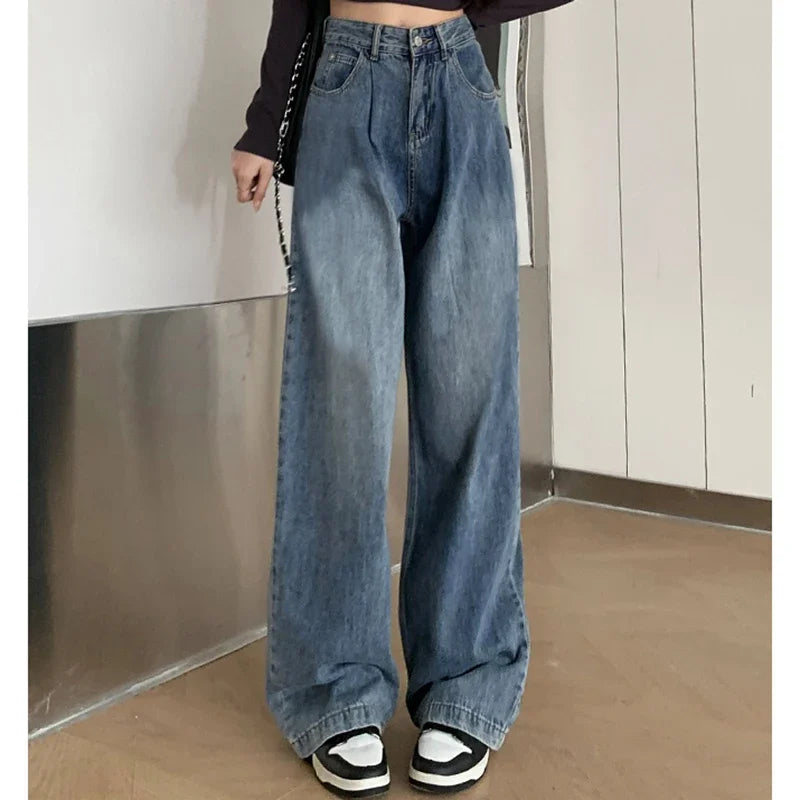 2024 Woman High Waist Vintage Baggy Jeans Lady Streetwear Wide Leg Pants Female Fashion Gray Blue Grey Light Blue Denim Trousers