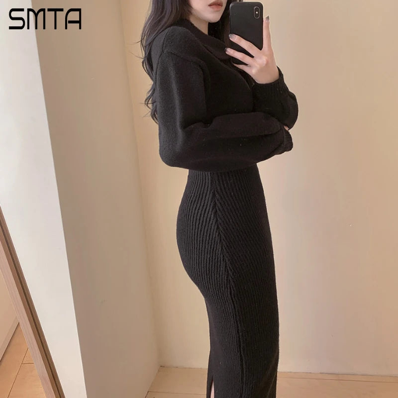 Vintage Long Sleeve V-neck Knitted Sweater Midi Dresses for Women Zipper Lapel Elegant Warm Bodycon Dresses Autumn Winter 2024 - Seprincess