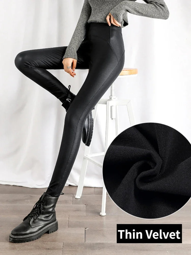 Women Faux Leather Leggings Slim Autumn Winter Letter Fashion High Waist Tight Warm Thin Velvet PU Leather Pants for Women 2024