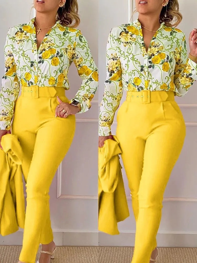 Elegant Women Printed Two Piece Suit Sets Spring Autumn V Neck Long Sleeve Shirt Top & Long Pants Set With Belt Workwear Outfits