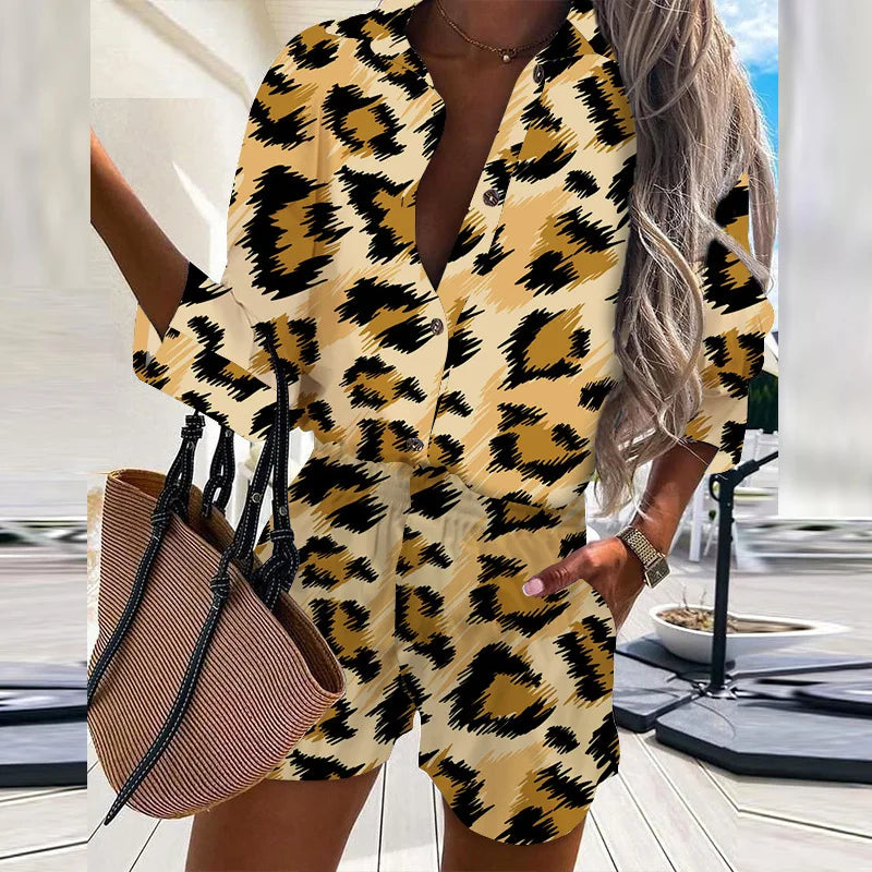 Autumn Casual Beach Outfits For Women 2024 Spring Half Sleeve Shirts Tops And Shorts 2 Piece Set Leopard Print Two Piece Sets - Seprincess