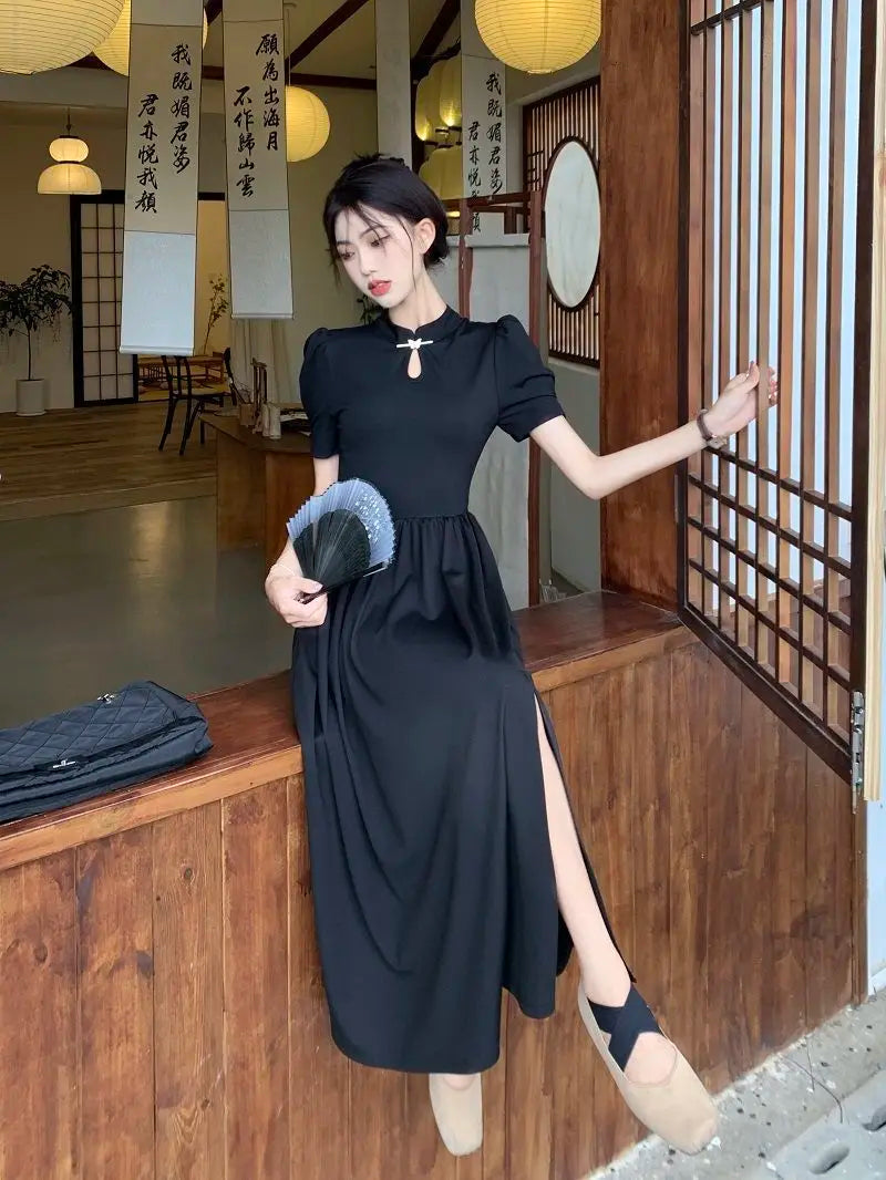 New Chinese Style Improved Cheongsam Dress New Summer Qipao Temperament Black Large Swing Split Midi Qi Pao Dress Woman - Seprincess