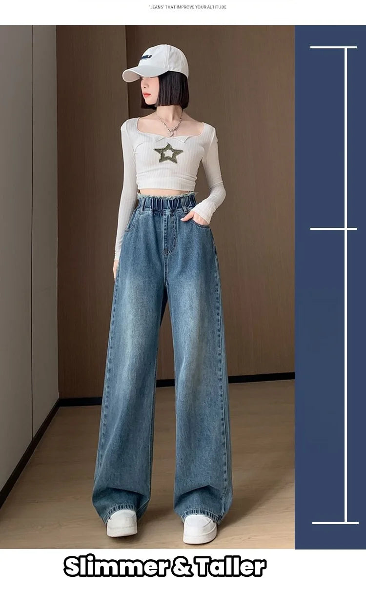 Large Size Denim Trousers Women Trailing Straight Wide Leg Loose High Waisted Slim Lace Tassel Higher Pants