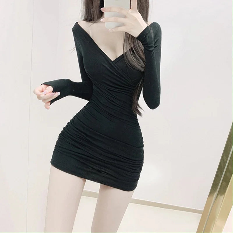 Mini Korean Women's Blue Long Sleeve White Dress 2021 Summer Tops Blue Sexy V Neck Short Thin Body Tight Hip Dresses Girl KJ2O - Seprincess