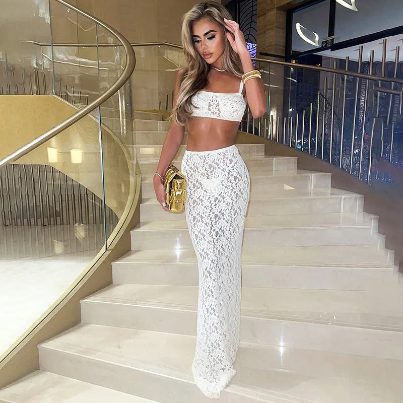 Avrilyaan Lace Perspective Sexy Party Two Piece Set Strapless Crop Top And Midi Skirts 2 Pieces Set Women 2024 Summer Outfits - Seprincess