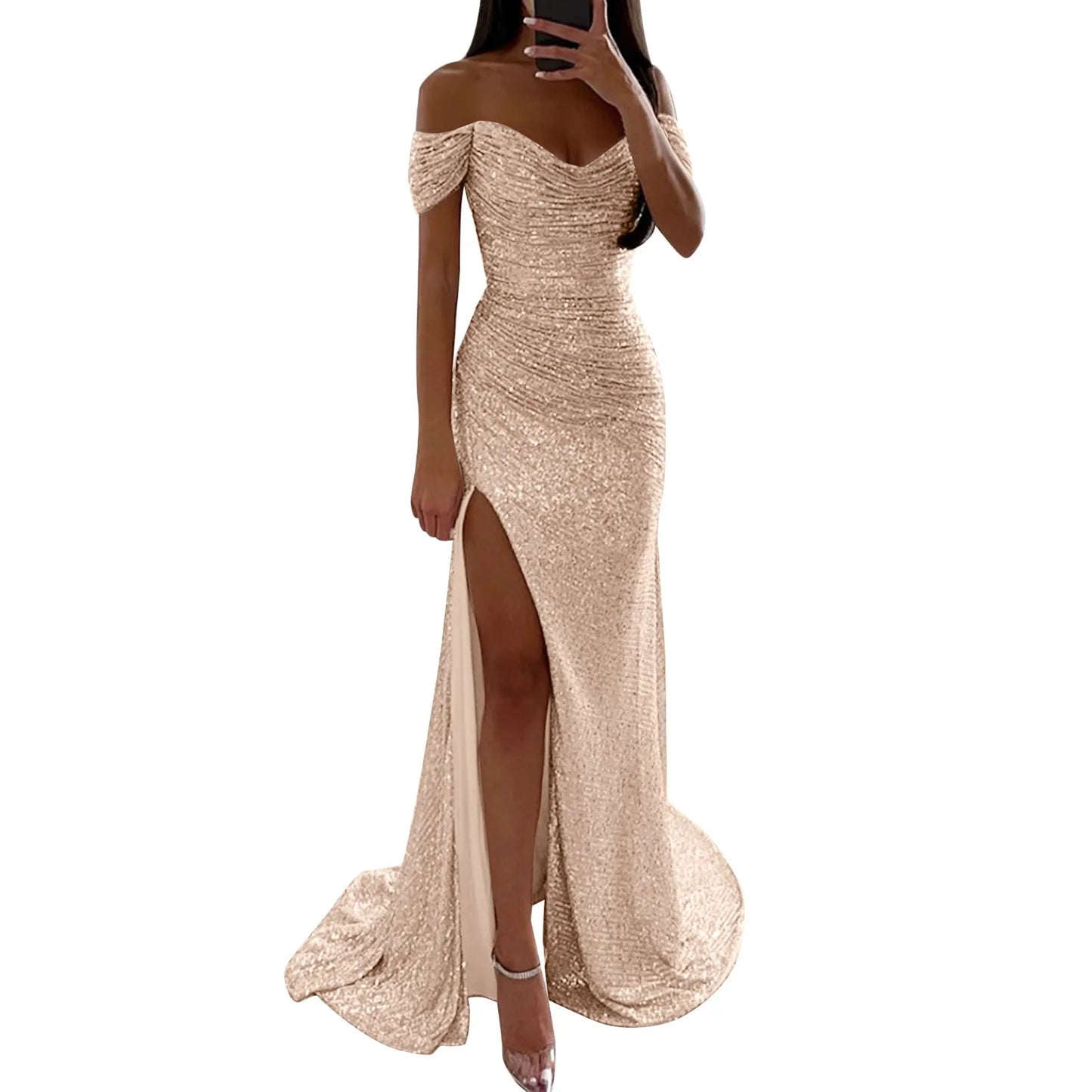 Women's Prom Party Sexy High Slit Dress Sequin Off The Shoulder Long Maxi Dress Short Sleeve Bodycon Elegant Night Dresses - Seprincess