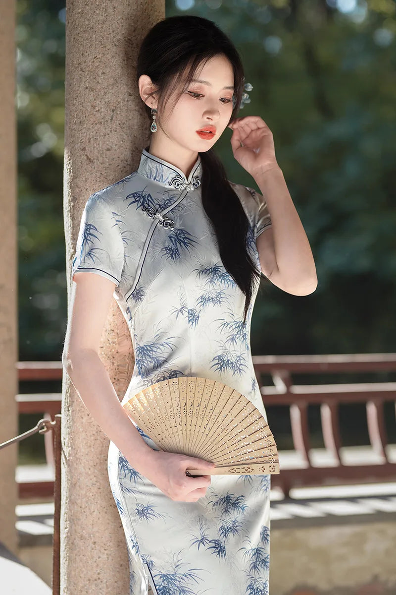 Summer Handmade Printed Satin Long Qipao Traditional Chinese Mandarin Collar Short Sleeve Cheongsam - Seprincess