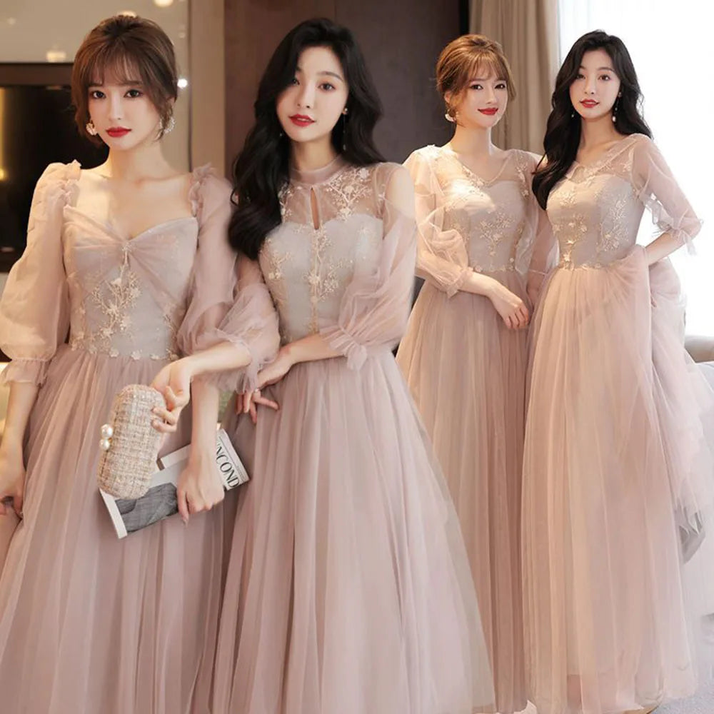 4 Styles Elegant Simple Bridesmaid Dress Women's Tulle Half Sleeves Slim Fit Design A-Line Dress Applique Wedding Party Vestido - Seprincess