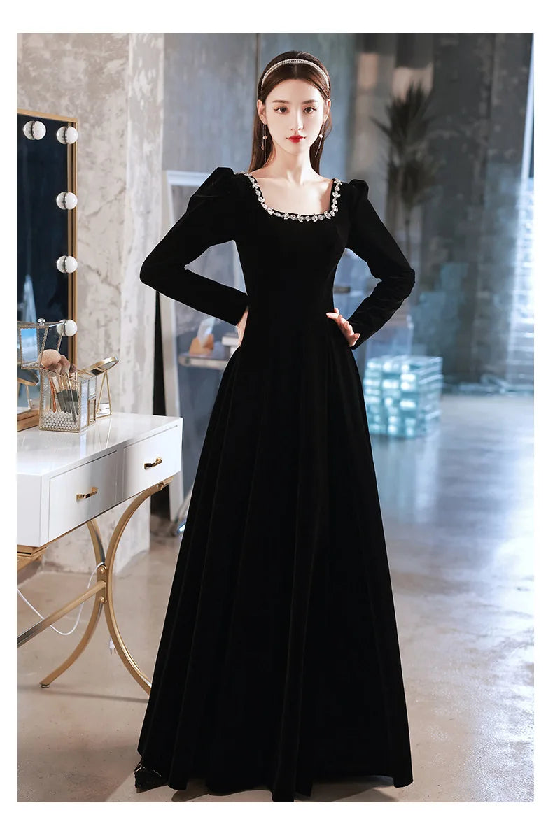 Black Evening Dresses Long Sleeve Square Collar Elegant Velvet Dress Beading Crystal Formal Gowns 2023 New Vestido - Seprincess