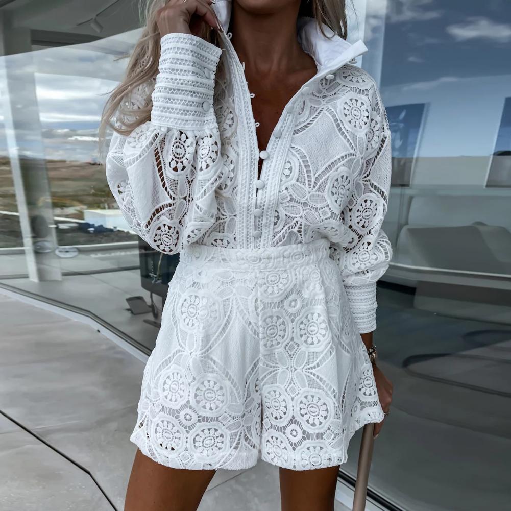 2Pcs/Set Women Outfit Blouse Long Sleeve Single Breasted High Waist Embroidery Hollow Lace Shirt Wide Leg Women Shorts Set - Seprincess