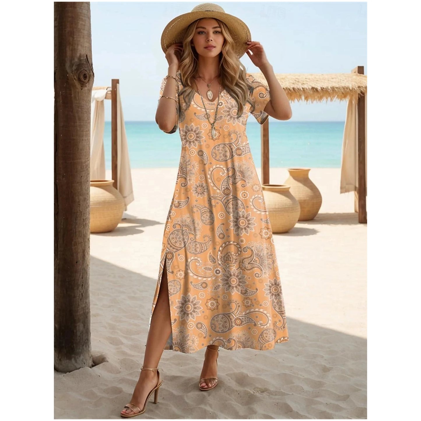 Women's Paisley Dress Casual Split V-Neck Long Dress Maxi Dress Ethnic Tribal Holiday Dresses Summer Short Sleeve Woman Clothing - Seprincess