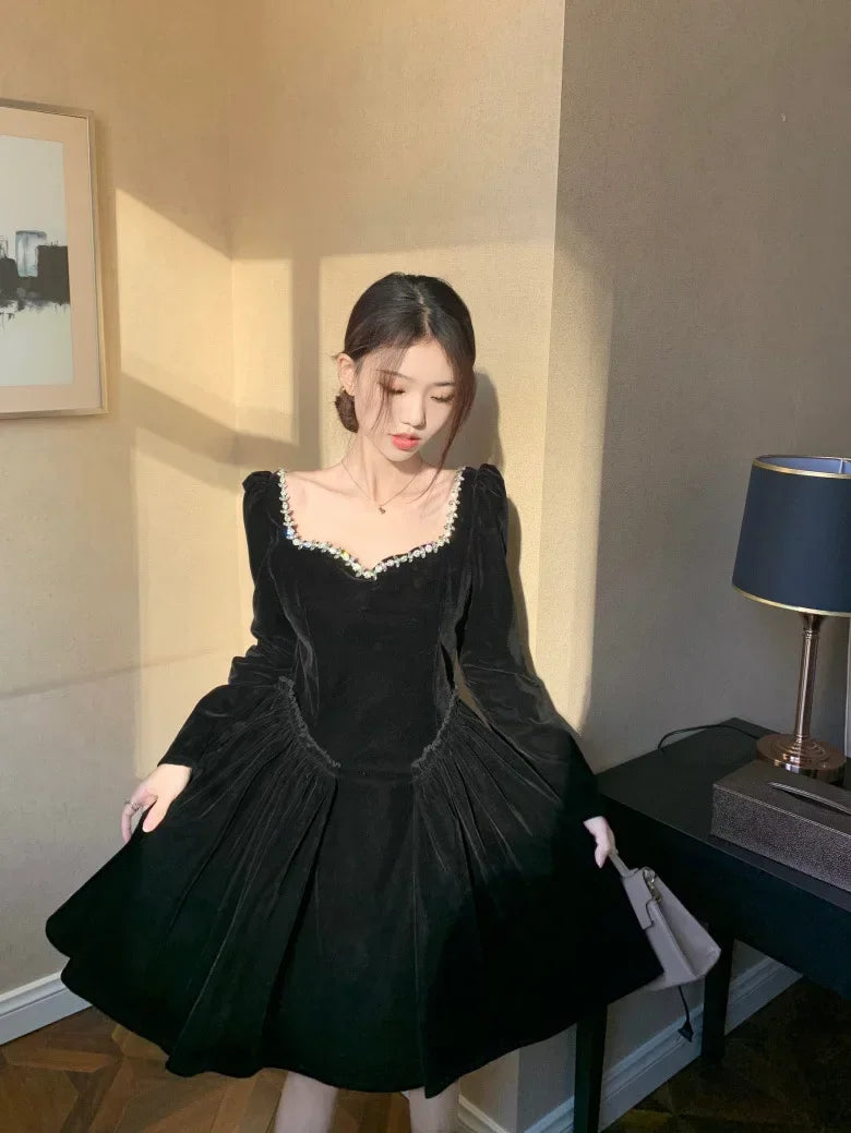 Woman's Party Evening Engagement Velvet Dress Black Vintage Prom Birthday Red Dress Long Sleeves Formal Christmas Clothing Robe - Seprincess