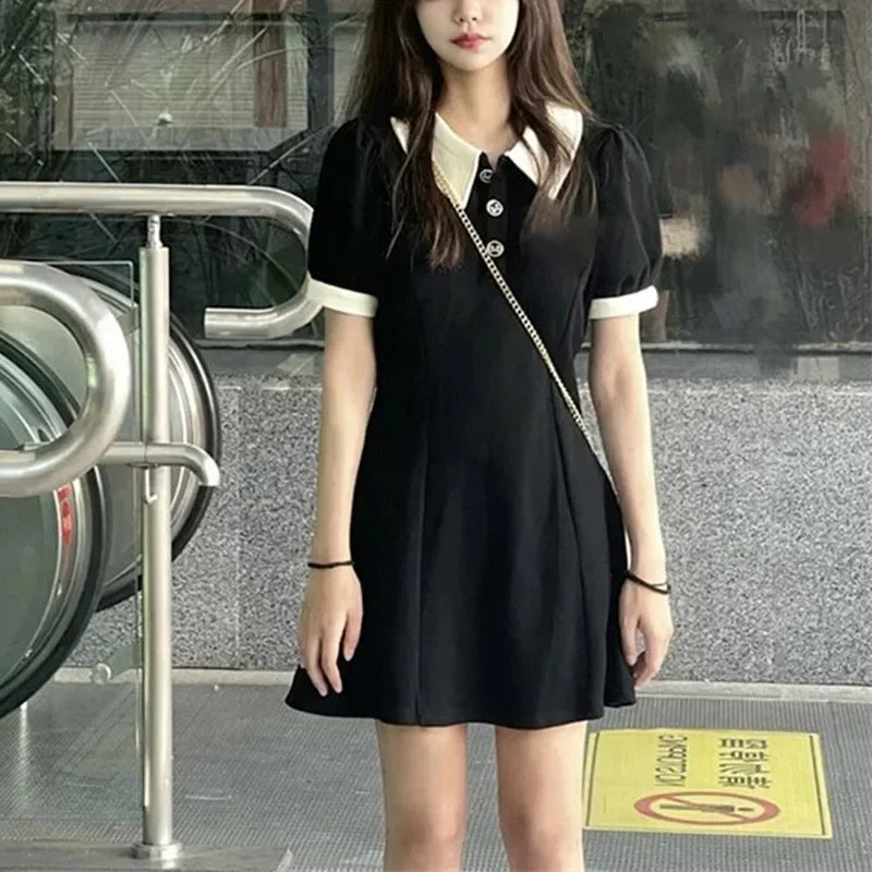 High-waisted Mini Dress A- line Lapel Polo Collar Black Skirt Summer Autumn Princess Color Block For Women Casual Chic Style - Seprincess