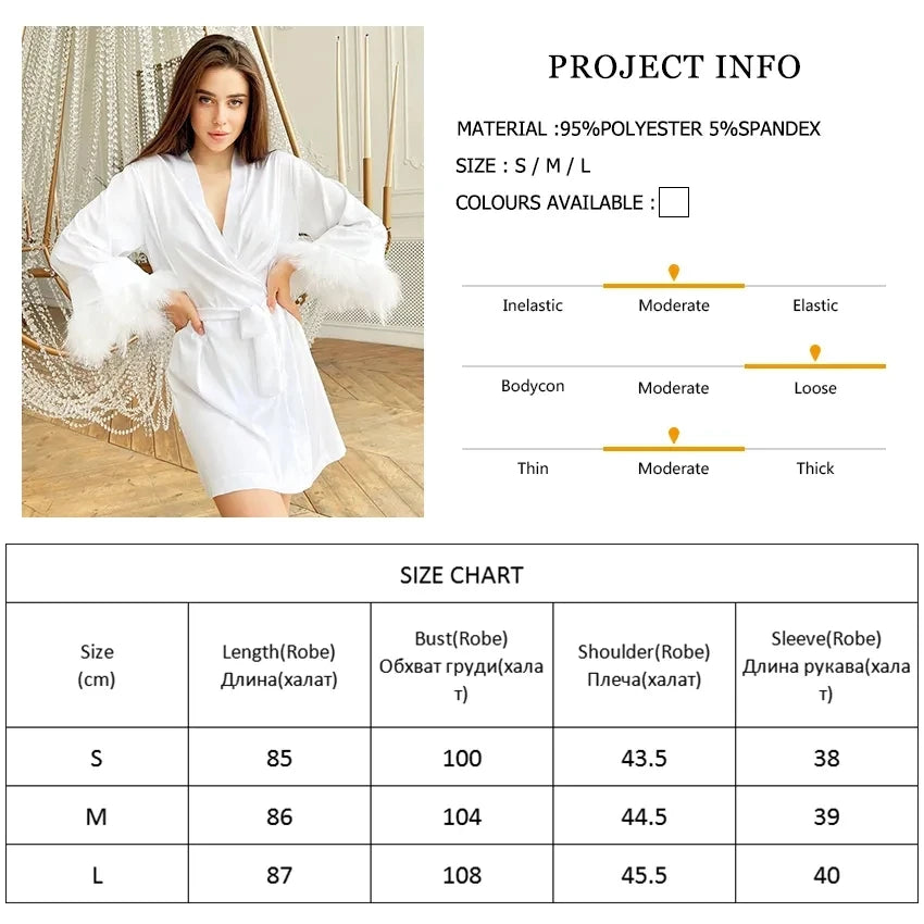 White Feather Robe With Fur Full Sleeves Sleepwear Satin Robes For Women Nightgown Bride Robe Gown Dress Bathrobe Female - Seprincess