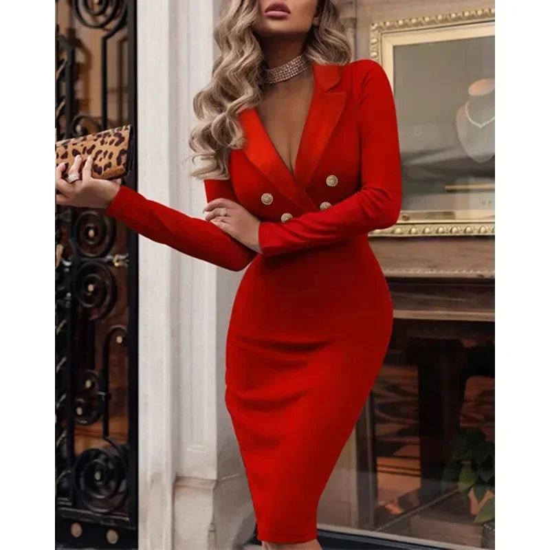 Spring Summer 2024 New Business Suit and Dress Women Solid V-neck Double Breasted Dress Women Long Sleeve Slim Fit Elegant Dress - Seprincess