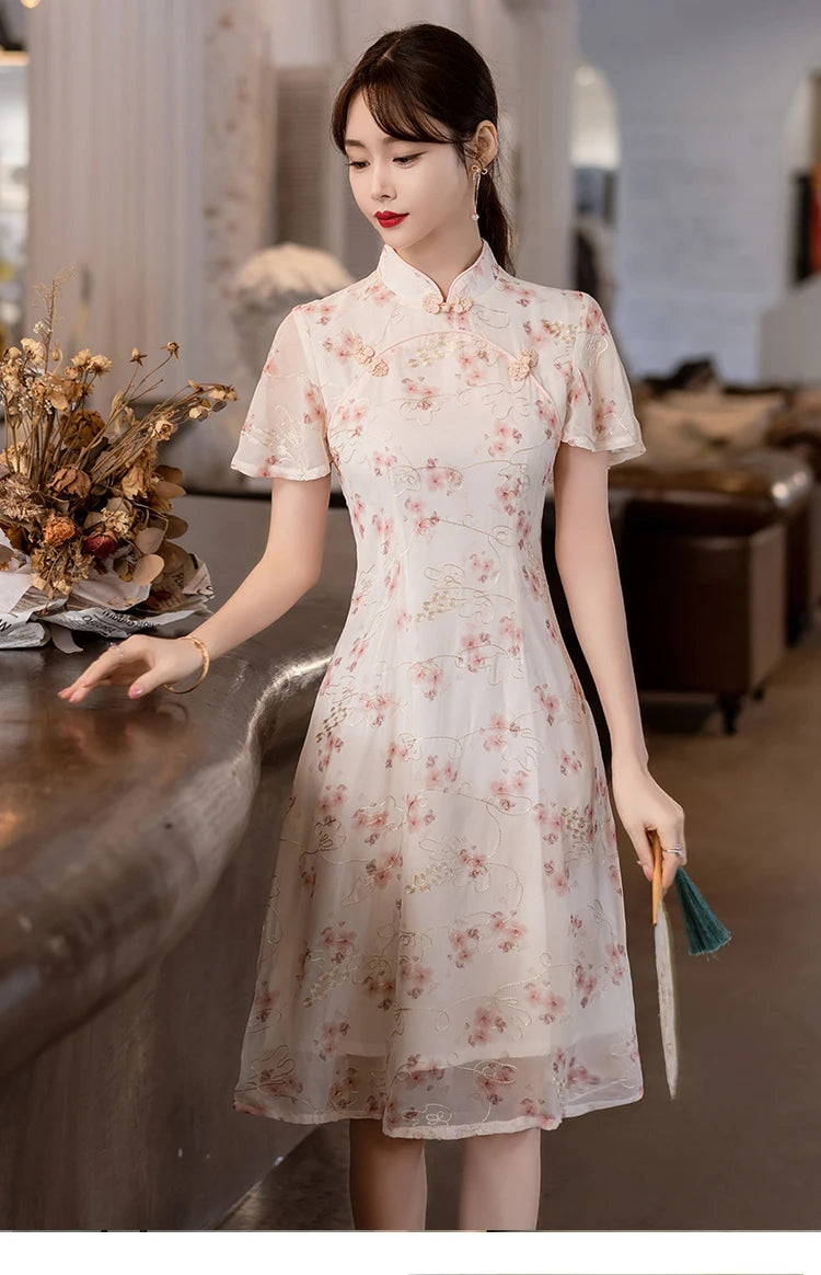 Summer Short Sleeve Qipao Fashion Modern Trend Ethnic Traditional Chinese Clothing Embroidery Cheongsam Dress for Women - Seprincess