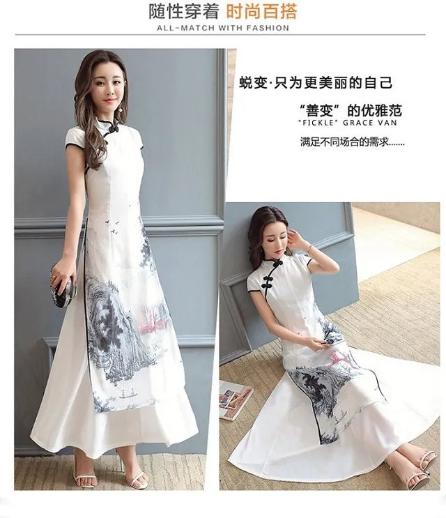 Women Chinese Traditional Hanfu Landscape Painting Cheongsam White Dance Dress Qipao Chiffon Robe Vintage Chinese Style Dresses - Seprincess