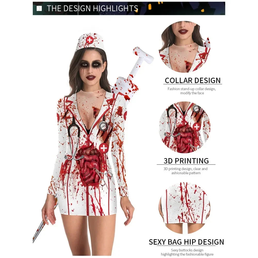 Halloween Nurse Zombie Costume Women's Clothing Crew Neck Long-sleeved Dress Women Halloween Costumes for Women - Seprincess