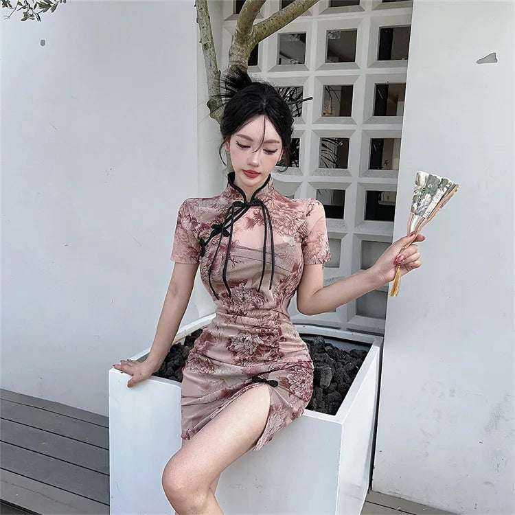 Chinese cheongsam summer high slim elegant flower long maxi dress hot sexy short skirt Korean fashion women Y2K clothing - Seprincess