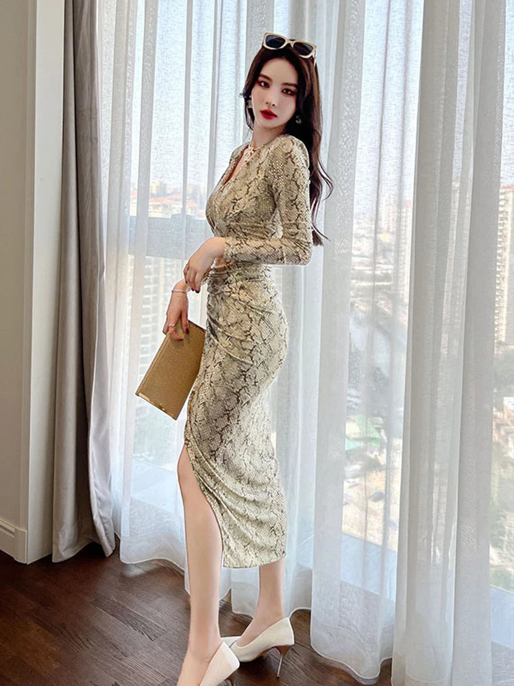 Elegant Retro Women Midi Dress Bright Shiny Sequin Silk Cotton Snake Print Folds Slit Bodycon Robe Femme Party Banquet Vestidos - Seprincess