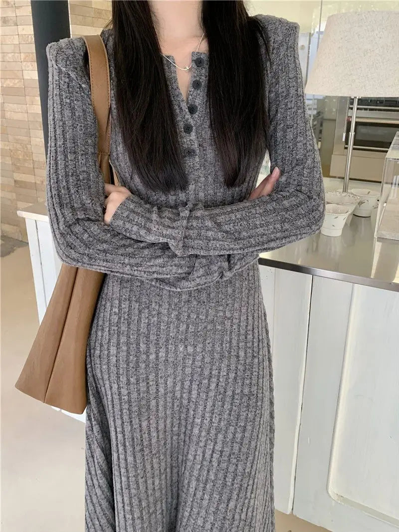 2024 Korean High-end Knitted Dress for Women Autumn/Winter Slim Fit Fashionable Versatile Long-sleeved Woolen Dress for Women - Seprincess