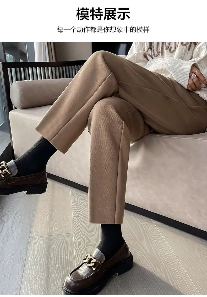 Simplicity Autumn Women Woolen Suit Pants Solid Pockets Button Elastic High Waist Fashion Straight Thicken Ankle Length Trousers