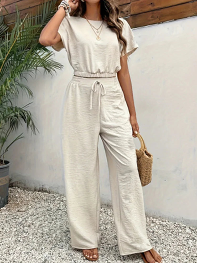 2024 Summer Soild Apricot Color Two Piece Set Women Casual Slash Neck Short Tops + High Waist Wide Leg Pants Female Suit New - Seprincess