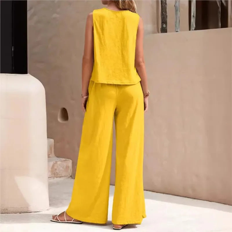 Women's Set 2024 Summer New Yellow Round Neck Sleeveless Shirt Wide Leg Pants Two Piece Set For Women Versatile Casual Outfits - Seprincess