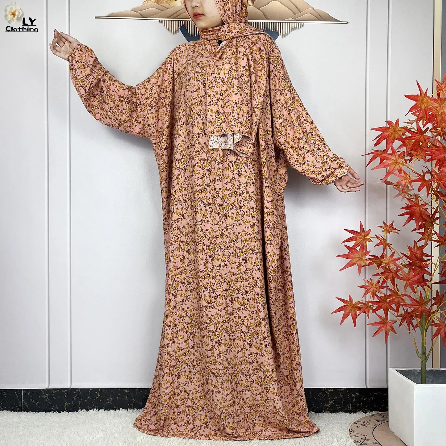 2024Latest Muslim Abayas For Women Ramadan Prayer Maxi Dubai Turkey Femme Cotton Robe Floral Loose African Dress Turban Attached