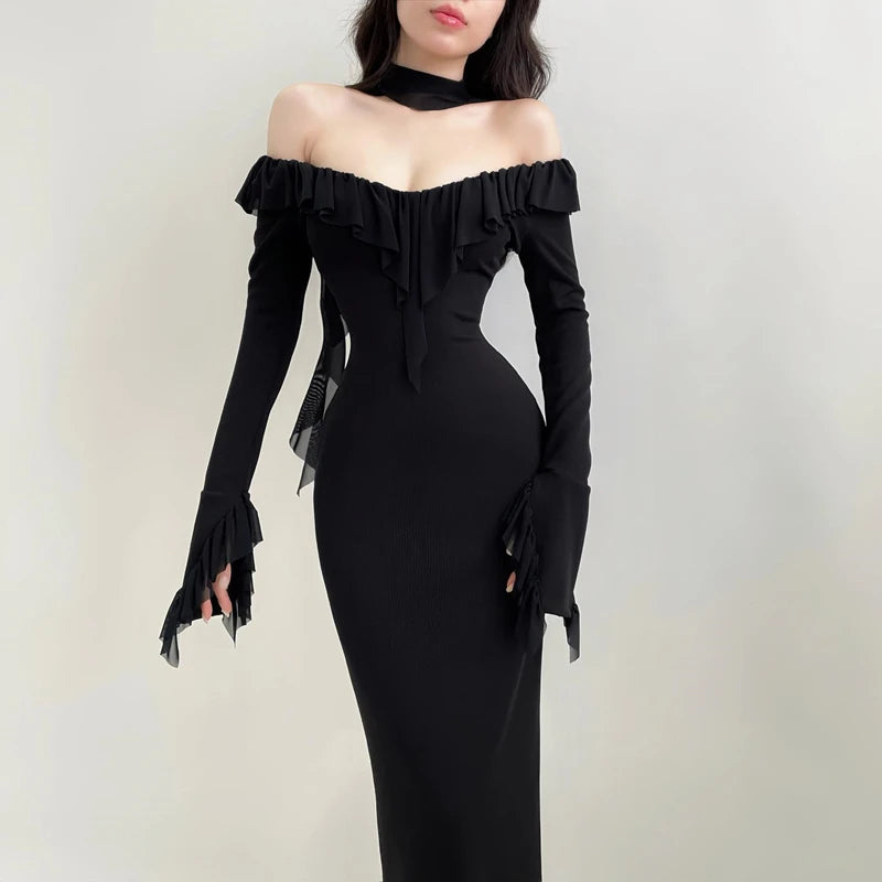 Xeemilo Black Mesh Ruffles Evening Dress Temperament Round Collar Slim Long Sleeve Maxi Dresses Women Elegant Party Club Robe - Seprincess