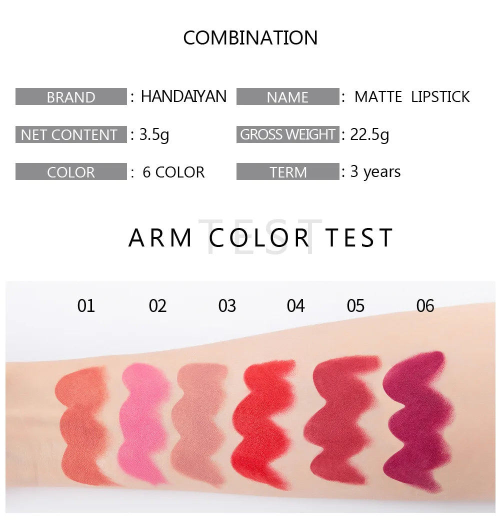 HANDAIYAN 6 Colors Matte Lipstick Beauty Lip Gloss LippenstiftTinted Balm 24 Hours Waterproof Free Shipping Makeup - Seprincess