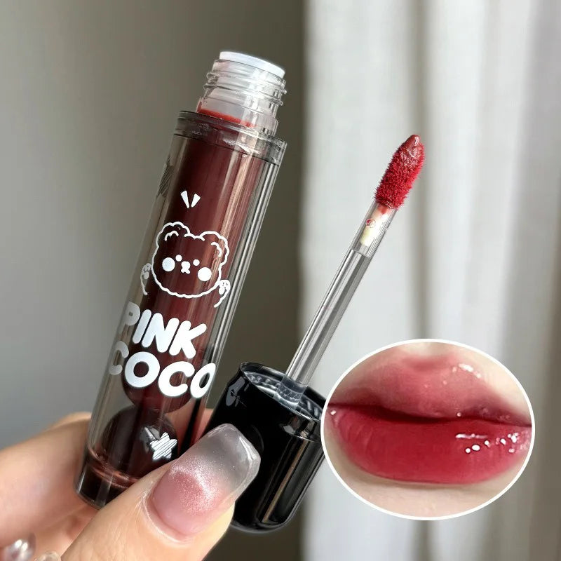 PINKCOCO Bear Doodle Mirror Lip Glaze — Long-Lasting Shiny Lip Gloss, Student-Friendly, Skin-Brightening Nude Lipstick - Seprincess