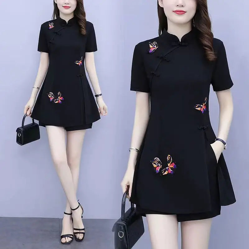 Women Single/Set Summer Slim Cheongsam Shorts Set Women's Fashionable Retro Large Improved Qipao Dress Two Piece Set Women - Seprincess