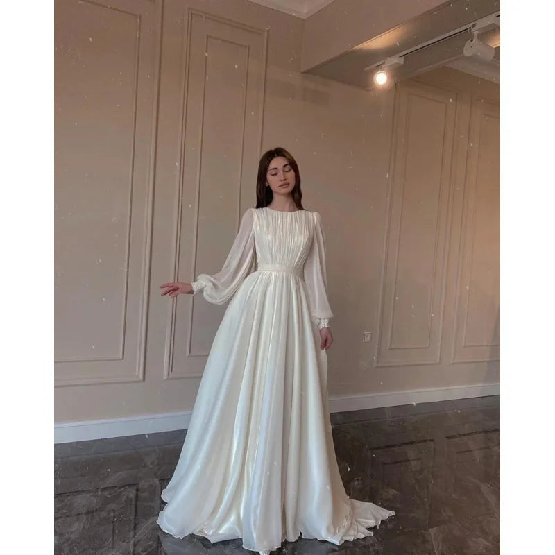 Autumn fashion lantern Pearl gauze white wedding dress crew neck dress - Seprincess