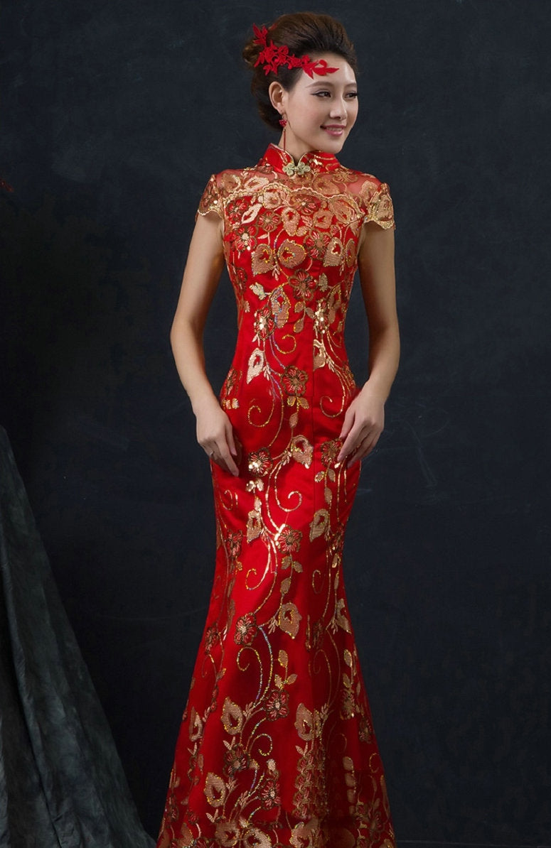 Red Chinese Wedding Dress Female Long Short Sleeve Cheongsam Gold Slim Chinese Traditional Dress Women Qipao for Wedding Party - Seprincess