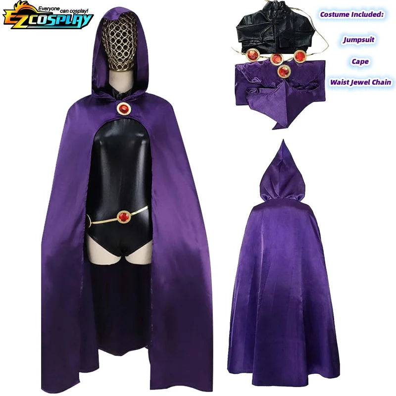 Teen Titans Raven Cosplay Costume Deluxe Jumpsuit Cloak Belt Suit Halloween Uniform for Women XS-3XL - Seprincess