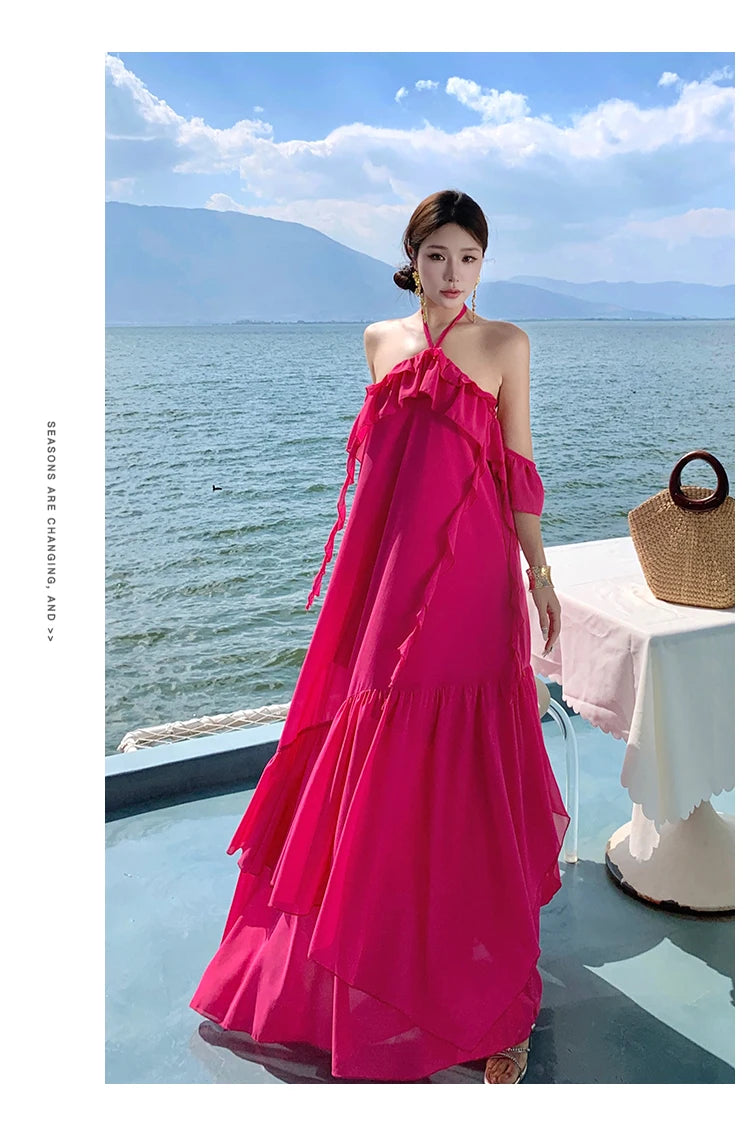 2024 Women Long Summer Formal Chiffon Sundress Halter Elegant Fairy Grunge Prom Dress New Honeymoon Vacation Party Night Dresses - Seprincess