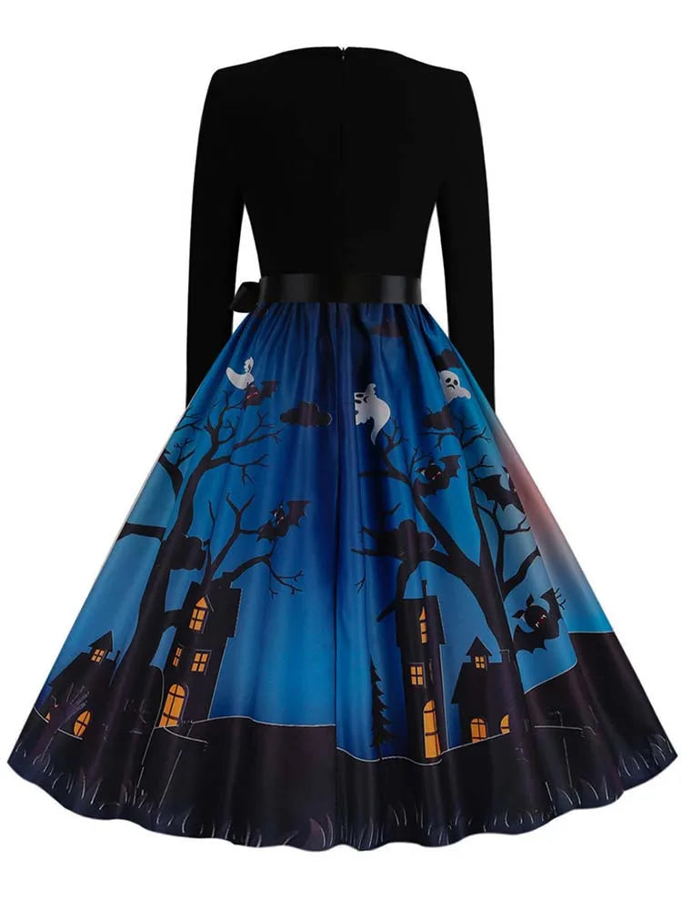 Halloween Dress For Women Square Collar Long Sleeve Print Vintage Evening Party Elegant 50s 60s Robe Midi Sundress