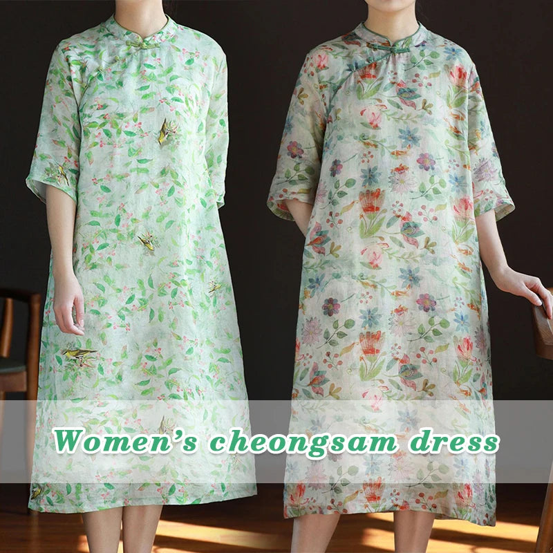 New Chinese Style Lady Cheongsam Qipao Summer Ethnic Elegant Floral Ramie Long Dress Standing Collar Retro Improved Qipao - Seprincess