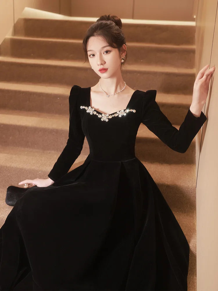 Autumn Winter Black Evening Dress Women Elegant  Luxury Velvet Long Sleeve A-line Party Dresses French Beadding Prom Gown - Seprincess