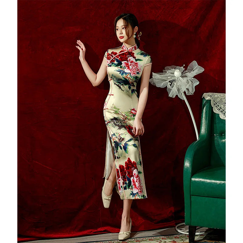 2023 Spring Silk Maxi Long Improved Cheongsam Retro Elegant Performance Chinese Traditional Style Evening Dress Qipao for Women - Seprincess