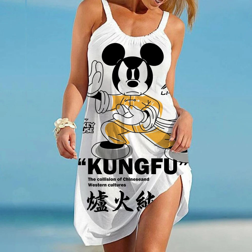 Boho Minnie Mouse Women's Dress Summer Beach Disney Mickey Cartoon Elegant Dresses For Women Fashion Print Sexy Loose Backless - Seprincess