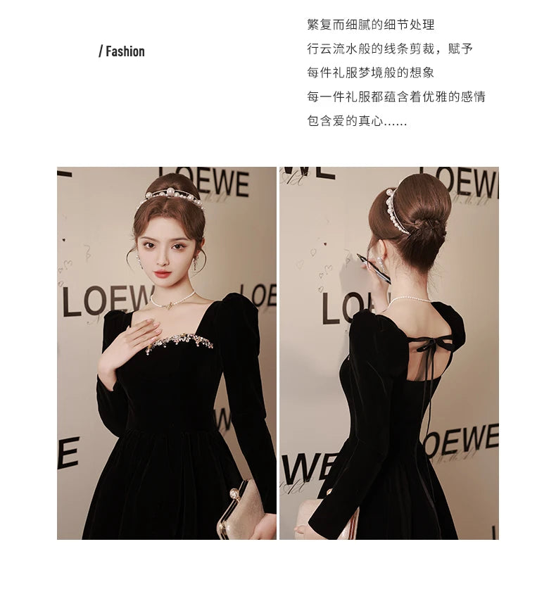 Black new light luxury small temperament banquet velvet long-sleeved dress - Seprincess