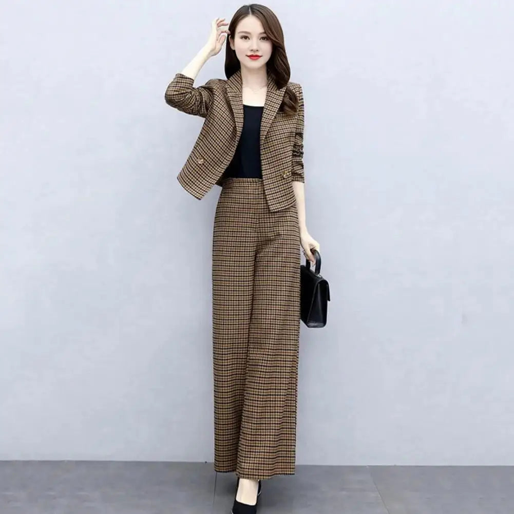 Female Formal Plaid Blazer 2 Pieces Sets Korean Office Long Sleeve Short Suit Tops High Waist Wide Leg Pants Lady OL Outfit - Seprincess