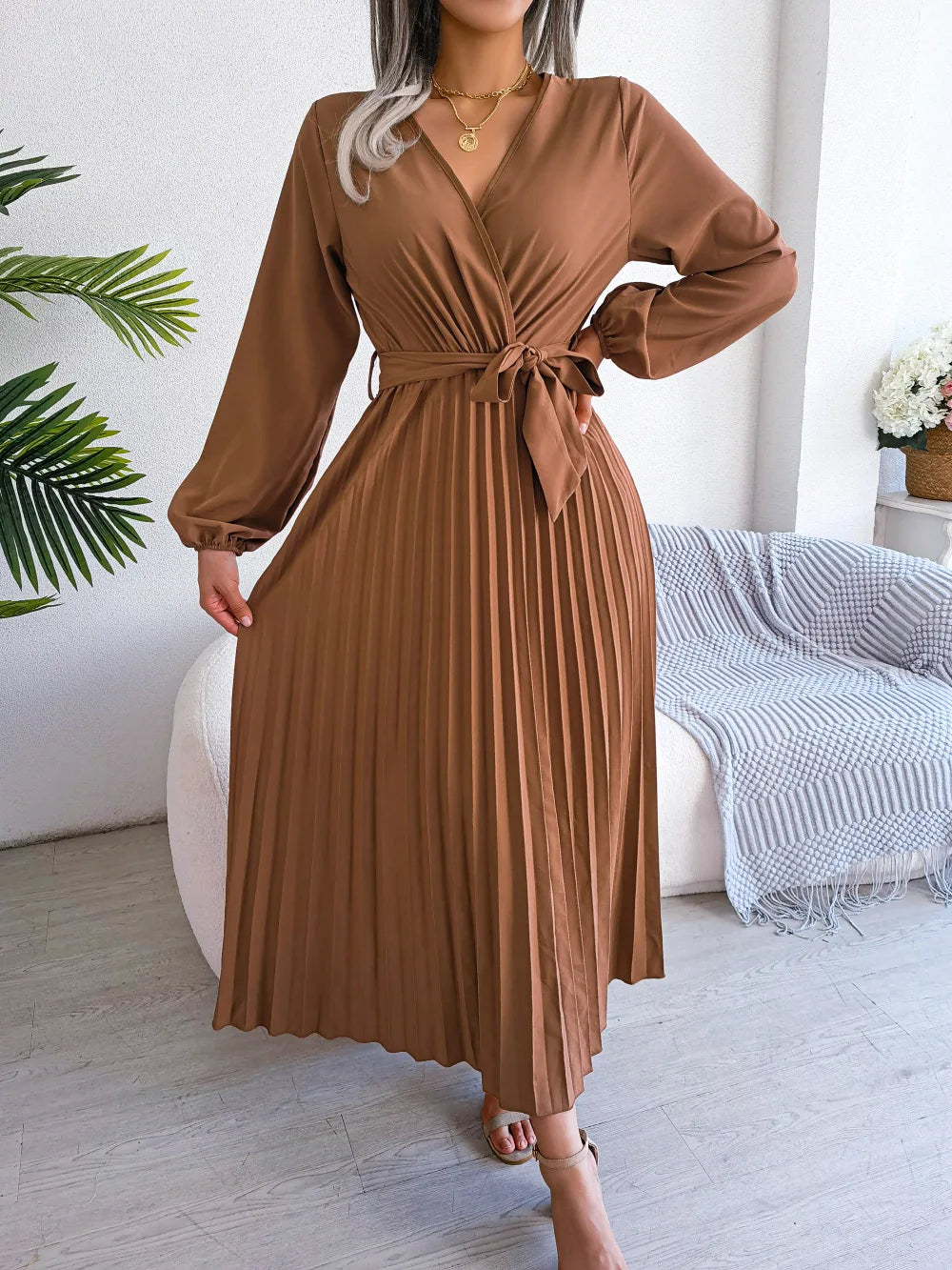 Women Elegant V Neck Long Sleeve Pleated Maxi Dress - Seprincess