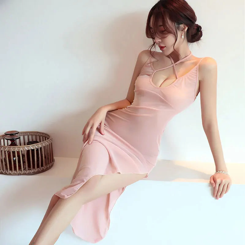 Dress Strap see through mesh long skirt Sexy costume open crotch Party dresses women dresses Autumn dress - Seprincess